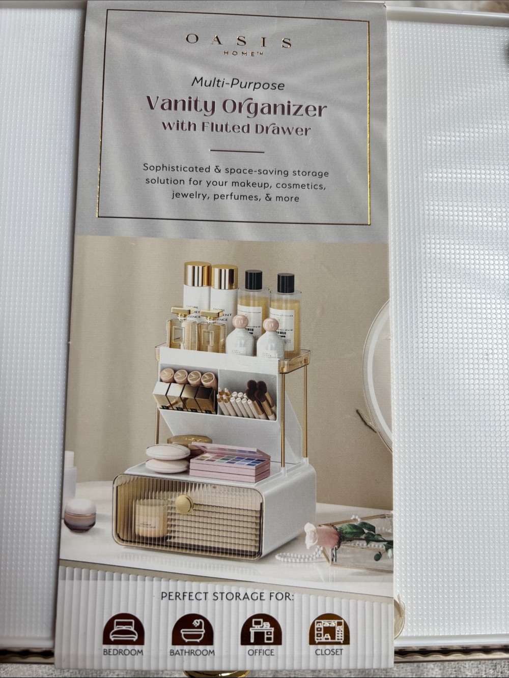 Oasis Multi-Purpose Home Vanity Organizer with Gold Drawer